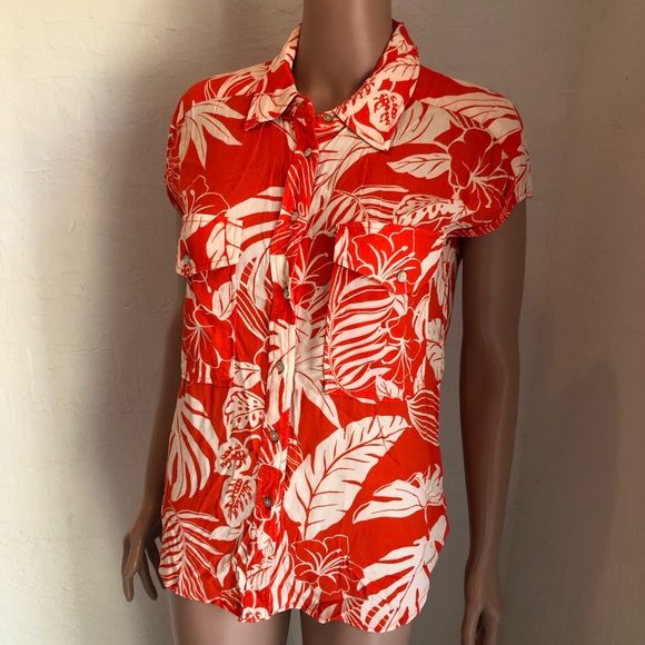 MNG Mango Orange/Cream Oversized Flowy Tropical Printed Shirt Women’s Size 4 Top - Picture 5 of 16
